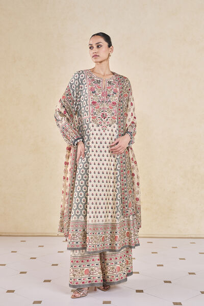 Demoiselle Printed Sequin Silk Suit Set - Cream